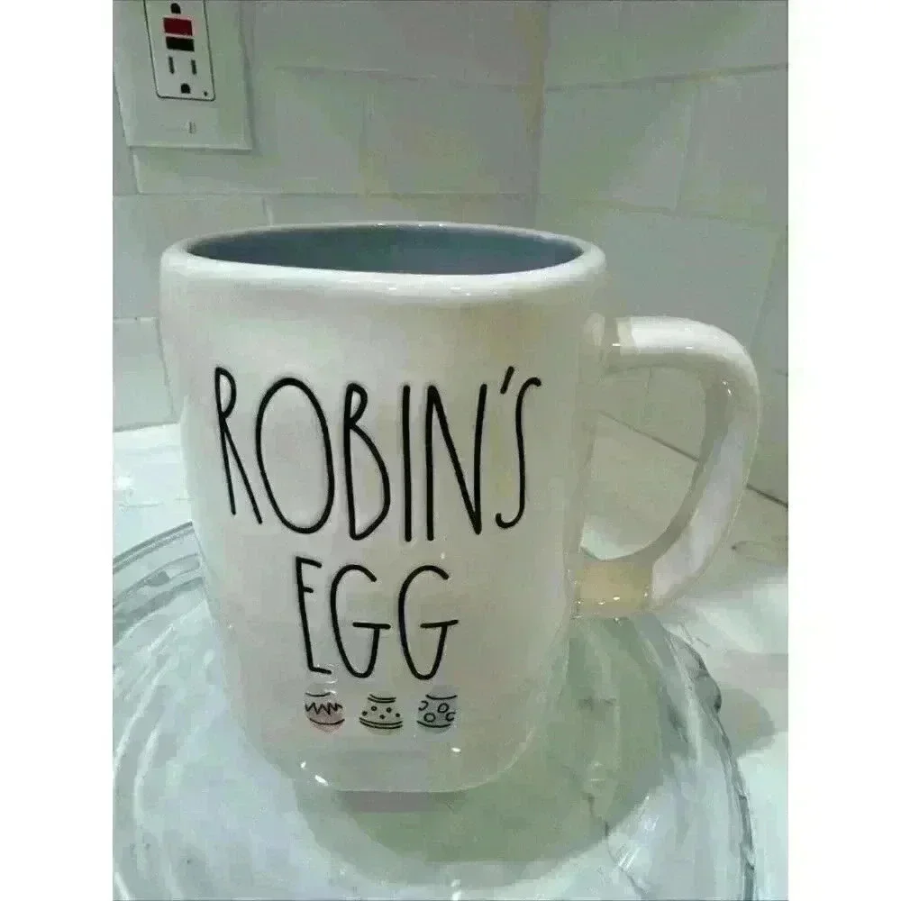 Rae Dunn Robins Egg Mug with Easter Eggs White with Blue Interior 20 Ounces